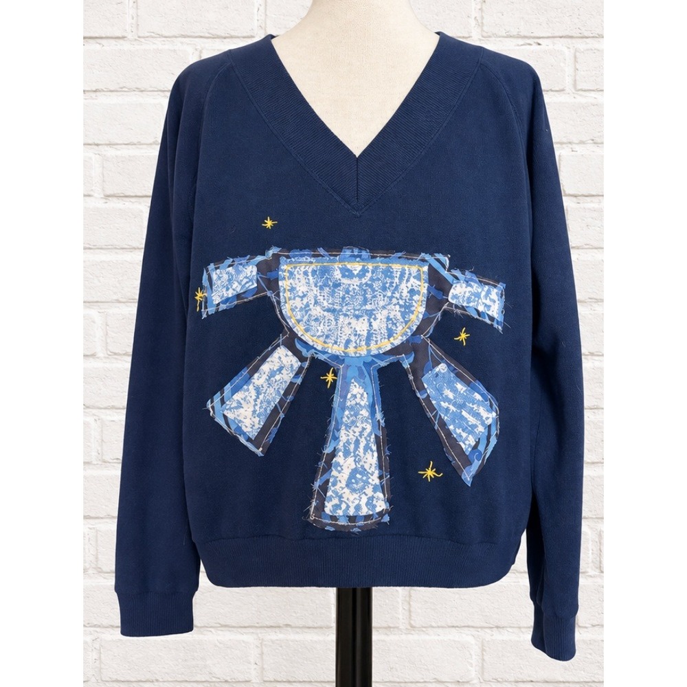 Upcycled Universal Thread V-Neck Vintage Patchwork Sweatshirt Navy L NEW